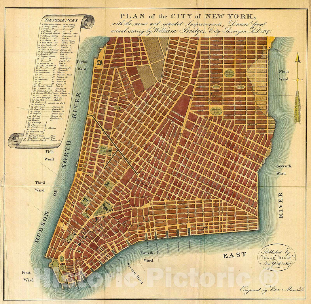 Historic Map : Bridges Map of New York City (1871 Reissue) , 1807, Vintage Wall Art