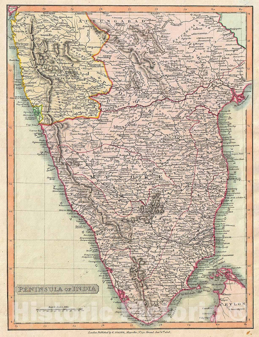 Historic Map : Smith Map of India , 1808, Vintage Wall Art