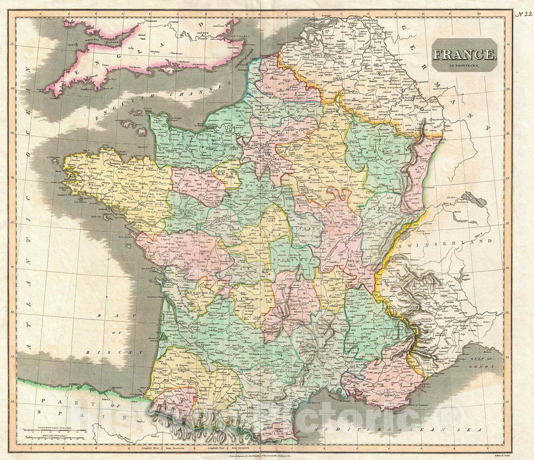 Historic Map : Thomson Map of France , 1814, Vintage Wall Art