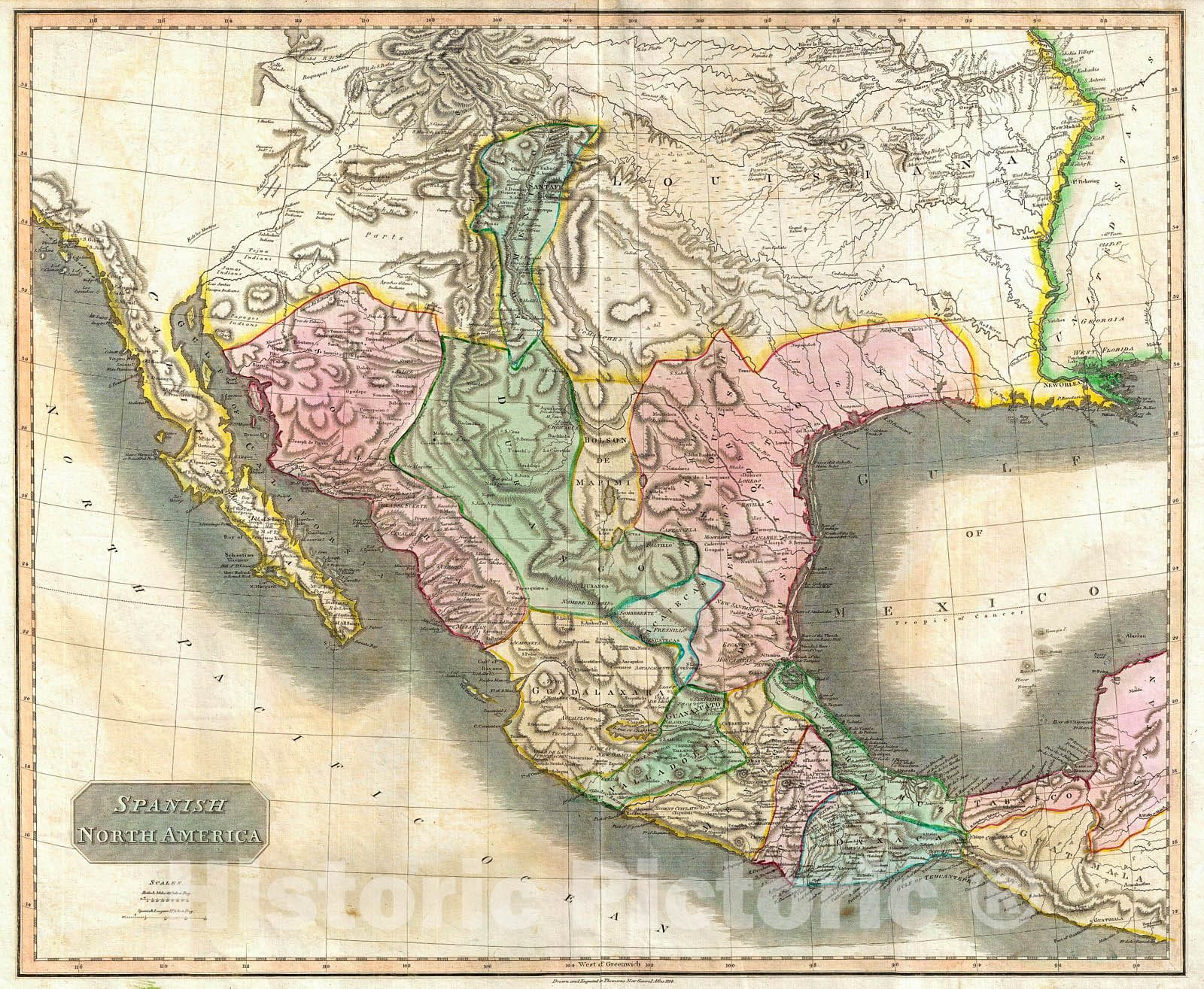 Historic Map : Thomson Map of Mexico and Texas , 1814, Vintage Wall Art