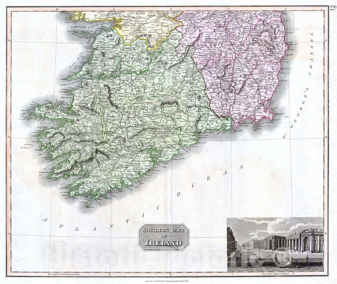 Historic Map : Thomson Map of Southern Ireland , 1814, Vintage Wall Art