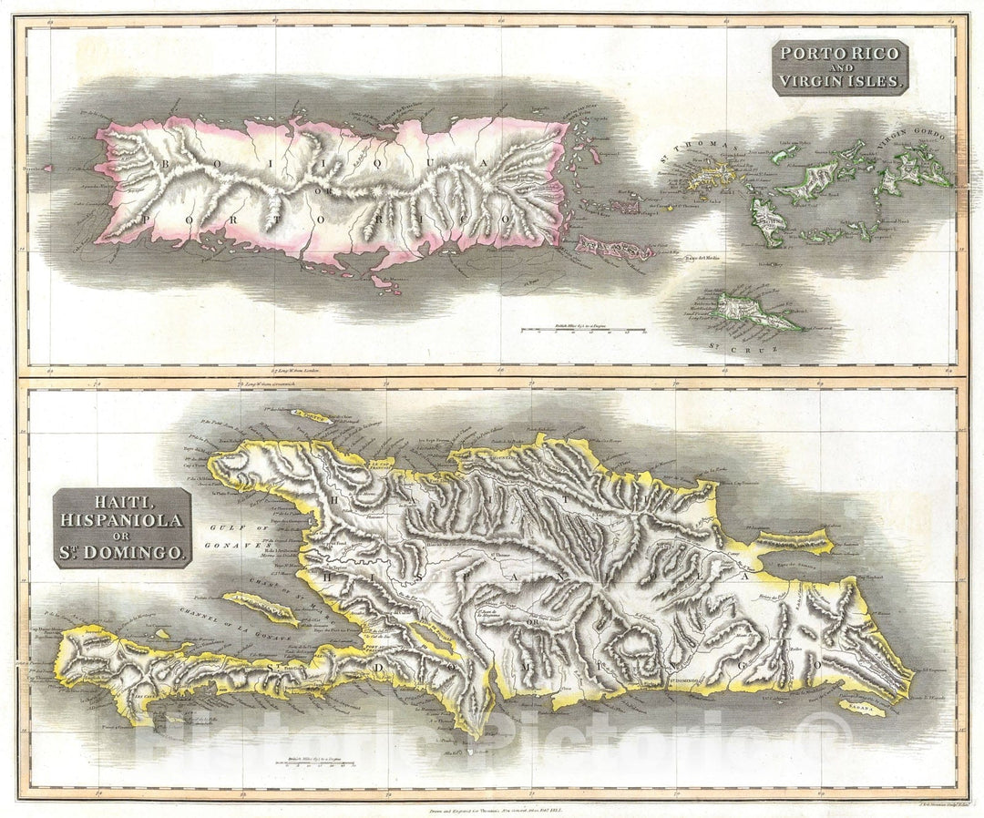 Historic Map : Thomson Map of Porto Rico, Virgin Islands, Haiti, Dominican Republic , 1815, Vintage Wall Art