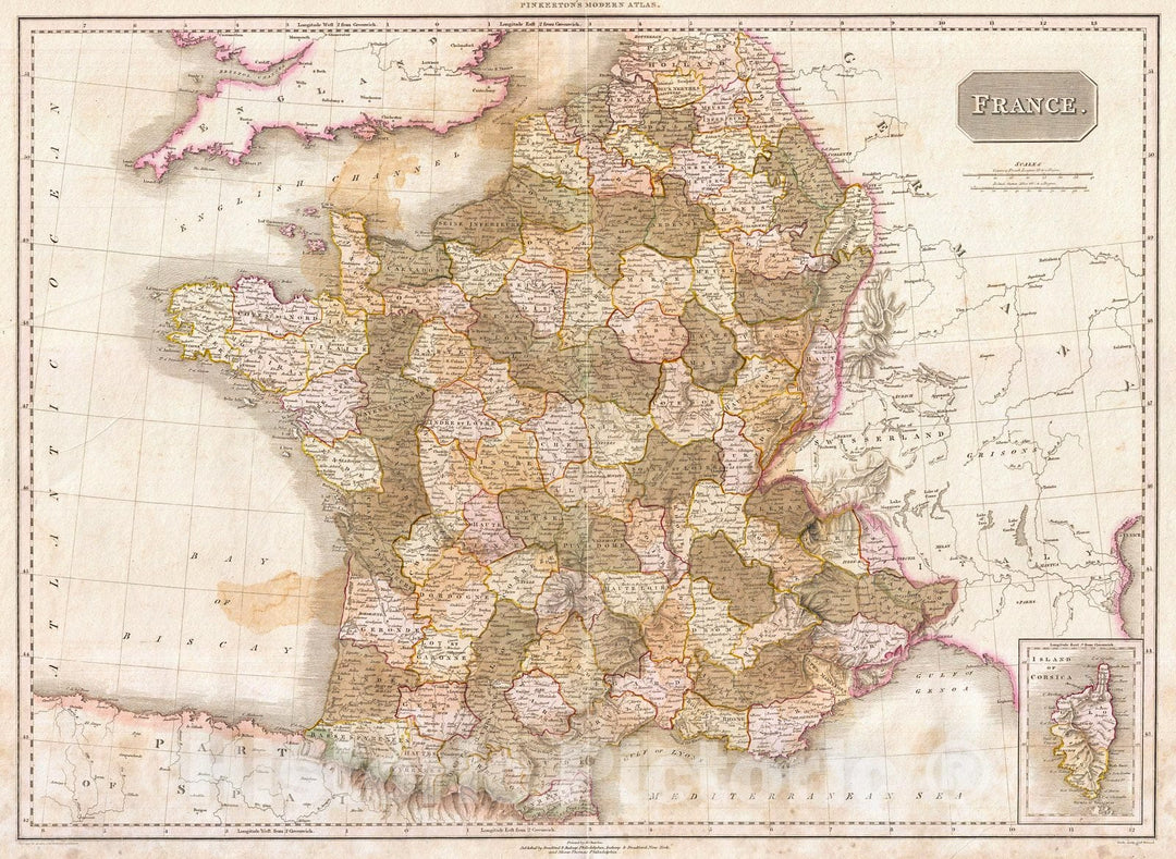 Historic Map : Pinkerton Map of France, 1818, Vintage Wall Art