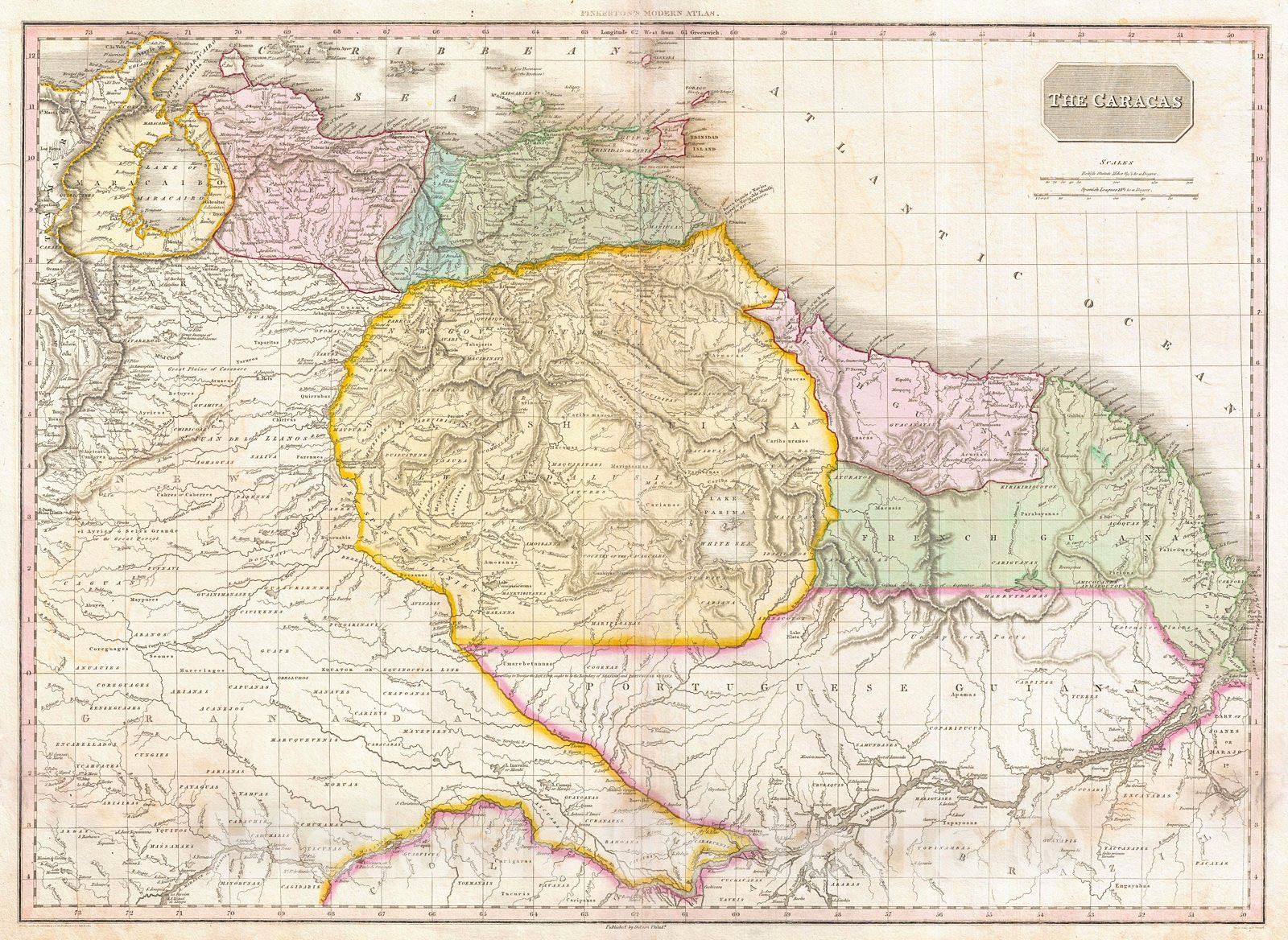 Historic Map : Pinkerton Map of Northeastern South America (Venezuela, Guyana, Surinam), 1818, Vintage Wall Art