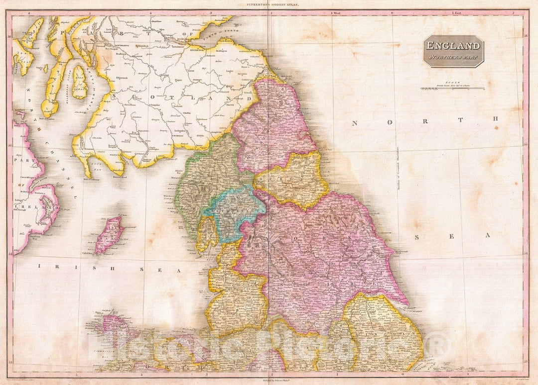 Historic Map : Pinkerton Map of Northern England, 1818, Vintage Wall Art