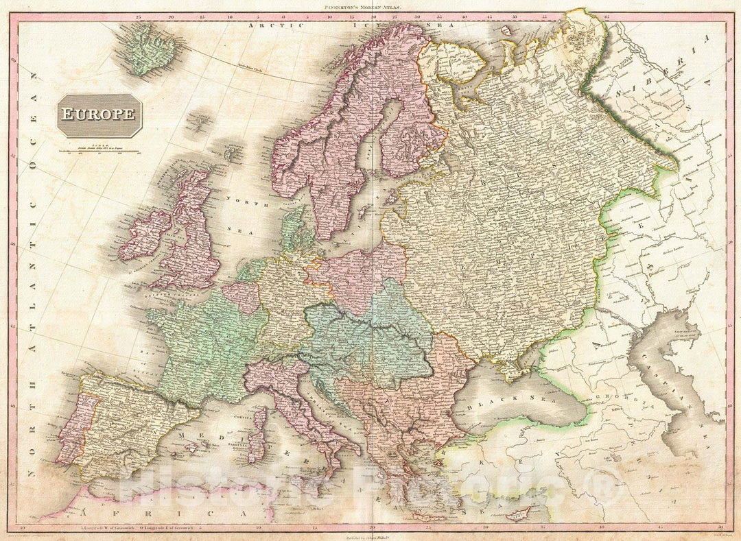 Historic Map : Pinkerton Map of of Europe, 1818, Vintage Wall Art