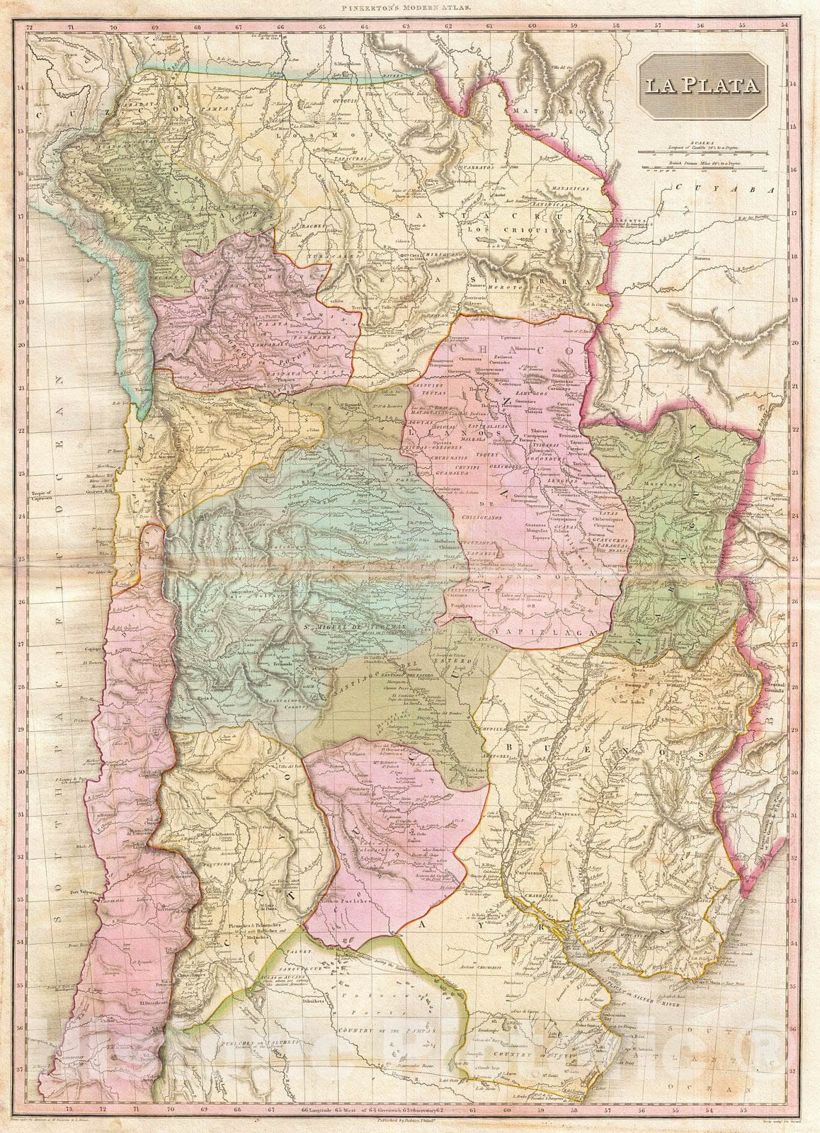 Historic Map : Pinkerton Map of of La Plata (Southern South America, Argentina, Chile, Bolivia), 1818, Vintage Wall Art