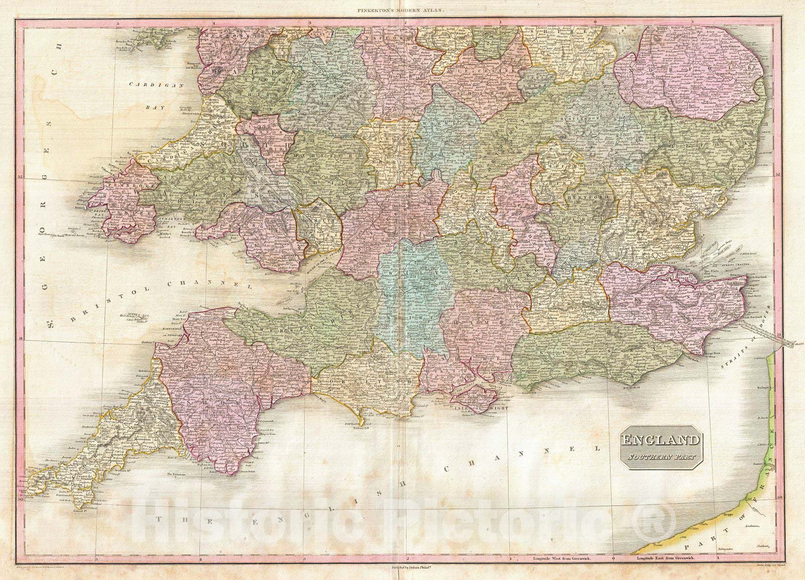 Historic Map : Pinkerton Map of Southern England (Includes London), 1818, Vintage Wall Art