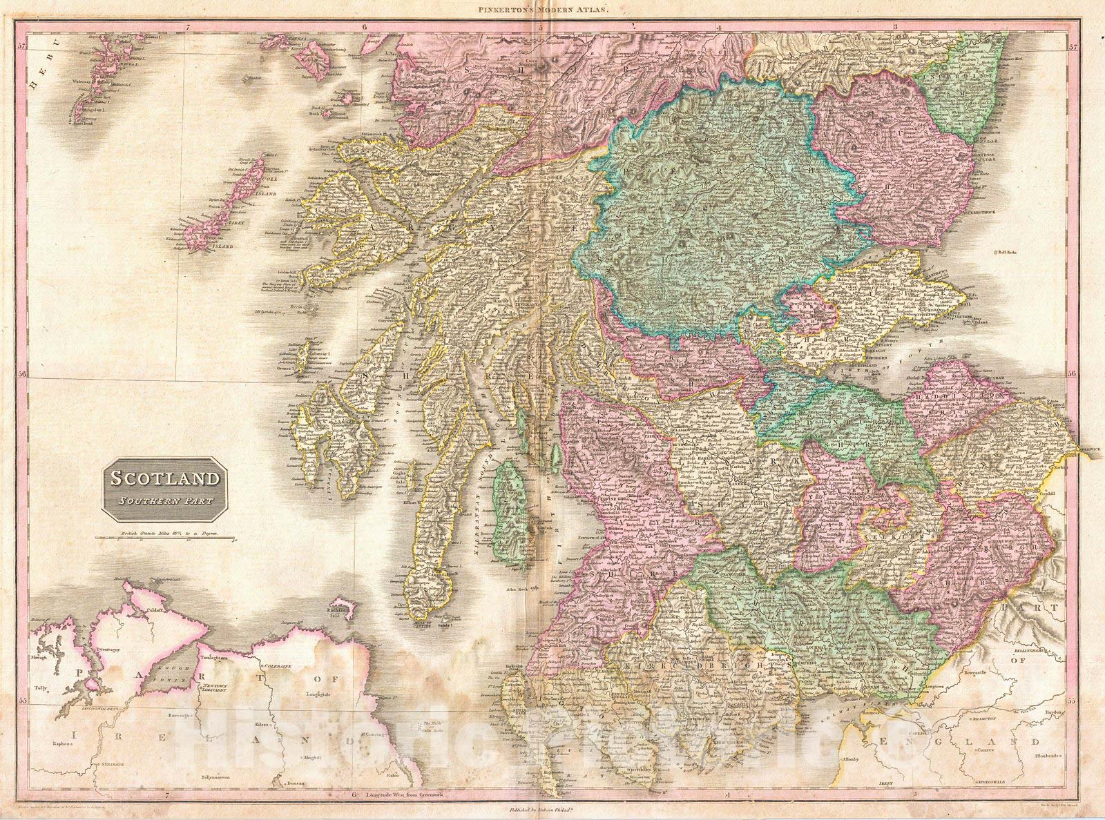 Historic Map : Pinkerton Map of Southern Scotland, 1818, Vintage Wall Art