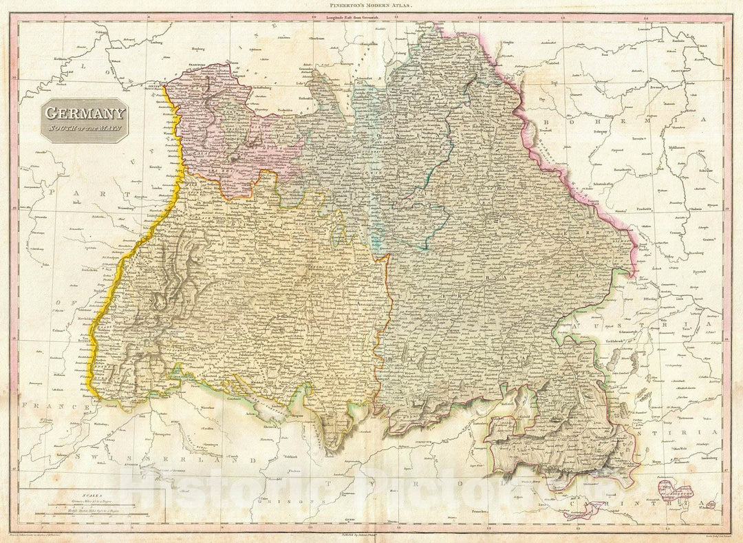 Historic Map : Pinkerton Map of Southwestern Germany (Bavaria, Swabia), 1818, Vintage Wall Art