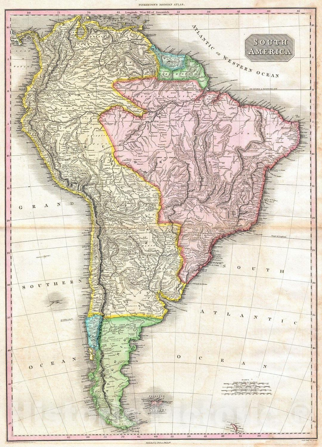 Historic Map : Pinkerton Map of South America, 1818, Vintage Wall Art