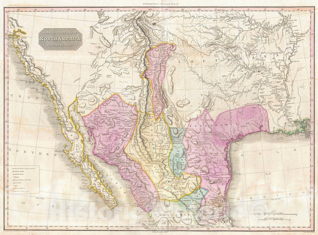 Historic Map : Pinkerton Map of The American Southwest (California, Louisiana, New Mexico, Texas), 1818, Vintage Wall Art