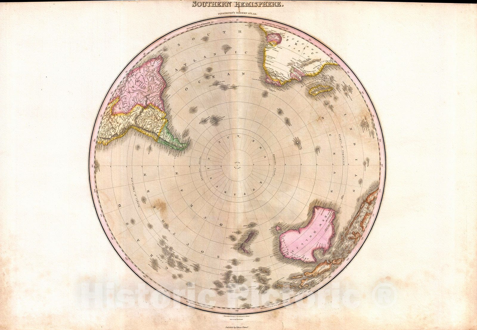 Historic Map : Pinkerton Map of The Southern Hemisphere (South Pole, Antarctic), 1818, Vintage Wall Art