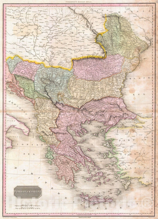 Historic Map : Pinkerton Map of Turkey in Europe, Greece andamp, The Balkans, 1818, Vintage Wall Art