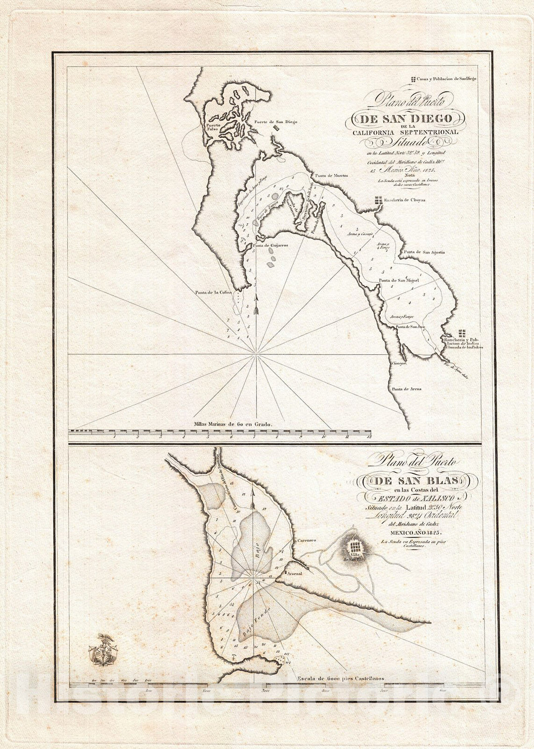 Historic Map : Victoria Map of San Diego, California and San Blas, Mexico, 1825, Vintage Wall Art