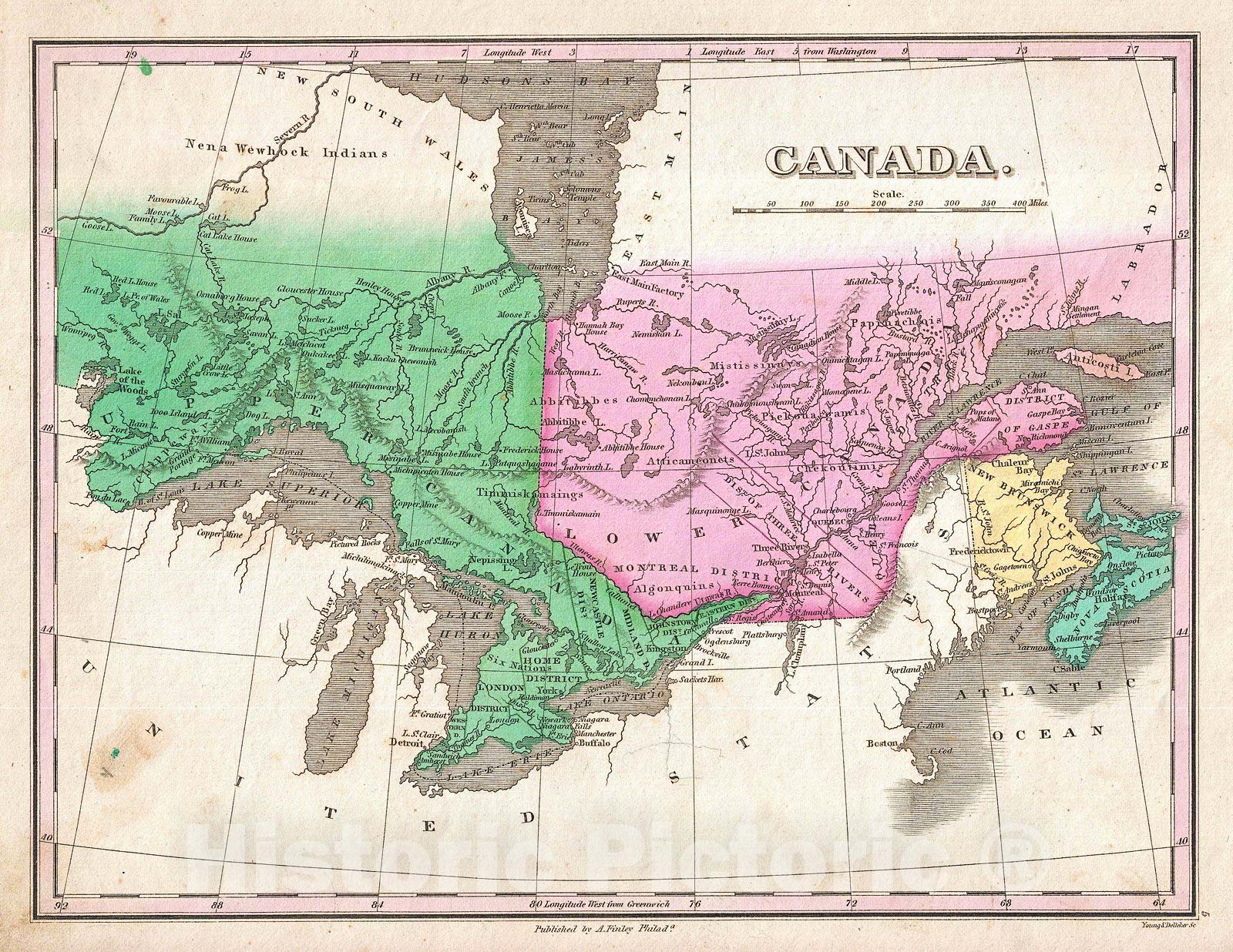 Historic Map : Finley Map of Canada (Ontario, Quebec), 1827, Vintage Wall Art