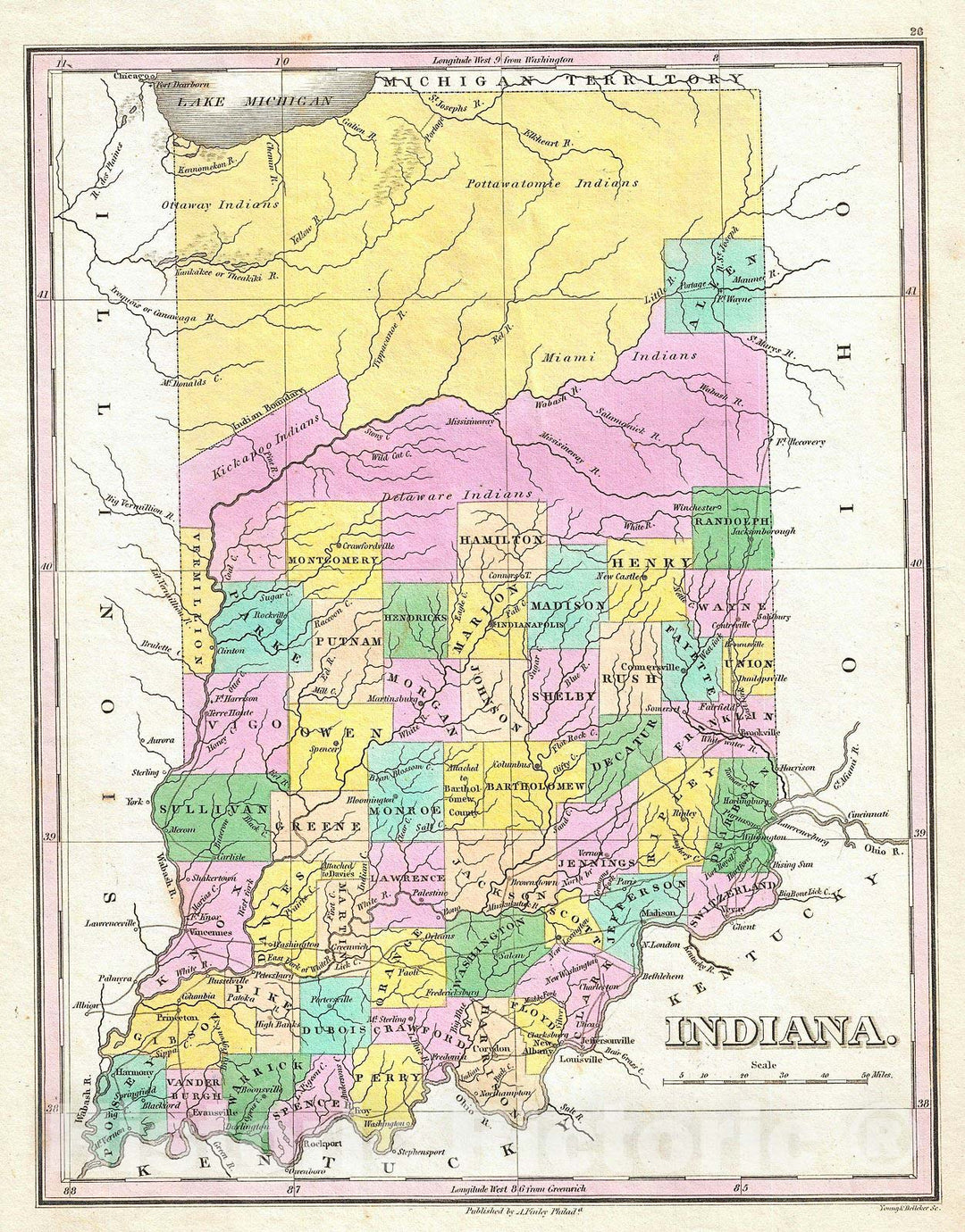 Historic Map : Finley Map of Indiana, 1827, Vintage Wall Art