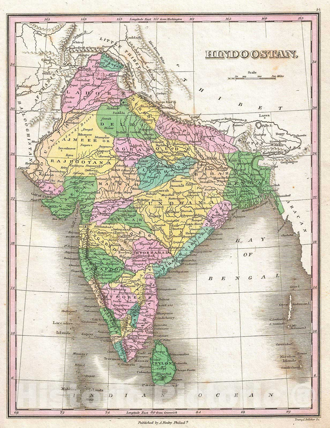 Historic Map : Finley Map of India , 1827, Vintage Wall Art