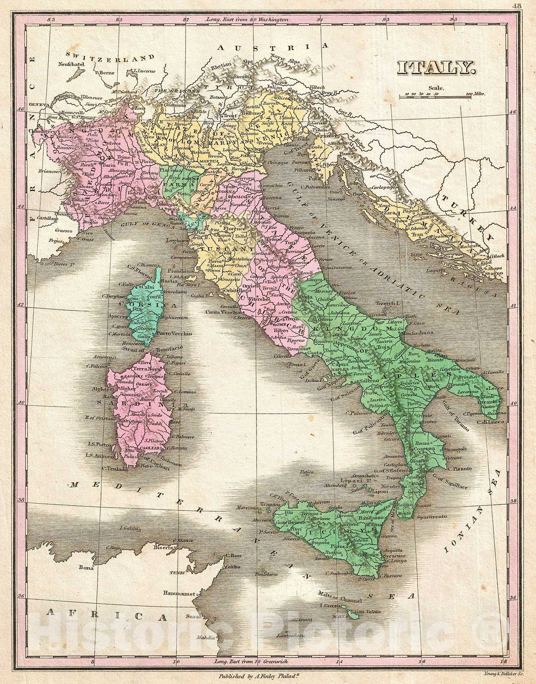 Historic Map : Finley Map of Italy, 1827, Vintage Wall Art