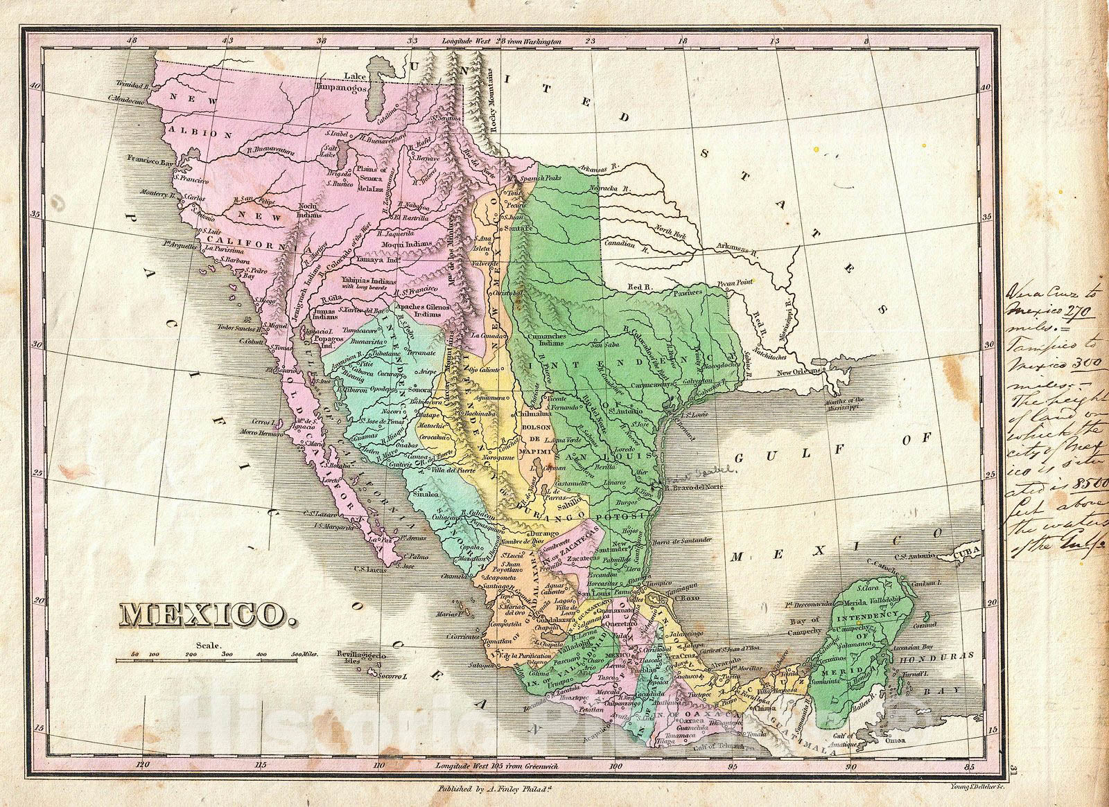 Historic Map : Finley Map of Mexico, Upper California and Texas, 1827, Vintage Wall Art