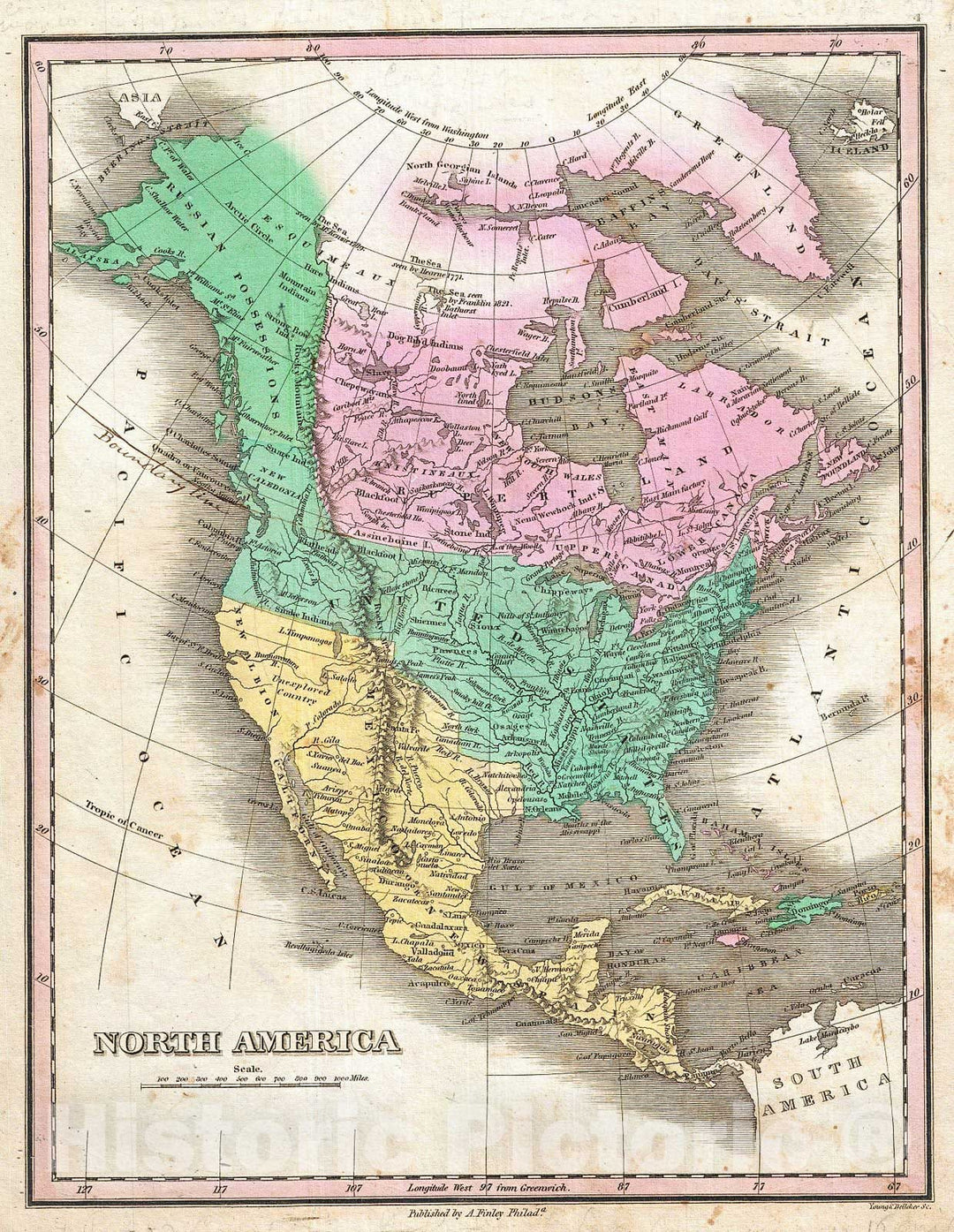 Historic Map : Finley Map of North America , 1827, Vintage Wall Art