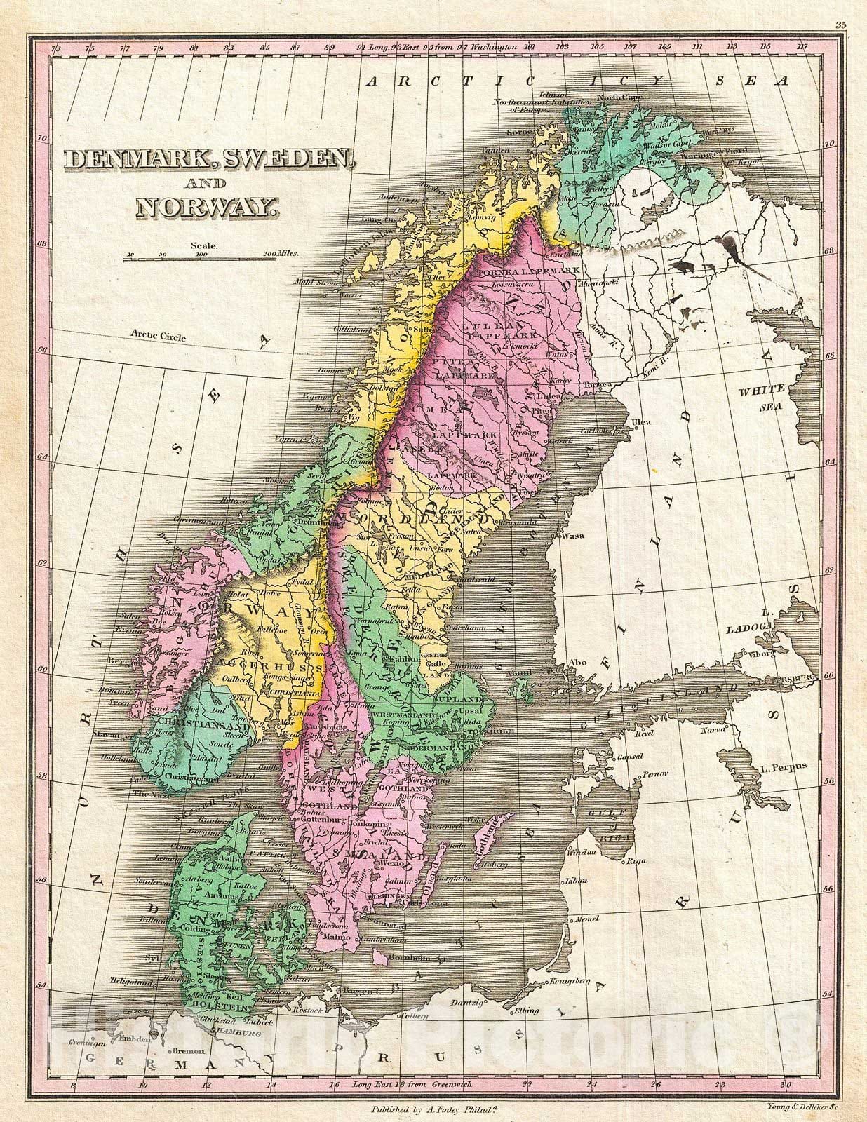 Historic Map : Finley Map of Scandinavia, Norway, Sweden, Denmark , 1827, Vintage Wall Art