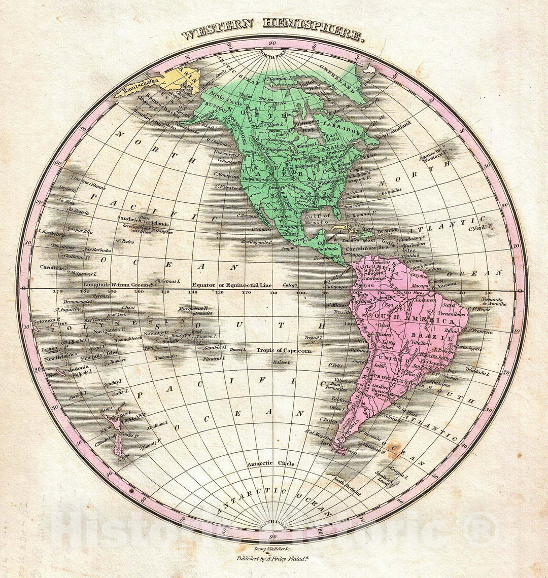 Historic Map : Finley Map of The Western Hemisphere (North America, South America) , 1827, Vintage Wall Art