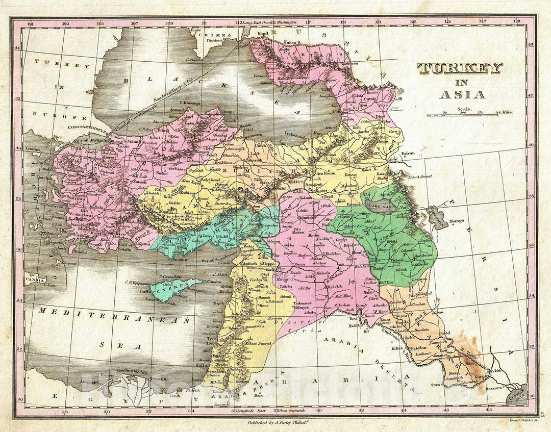 Historic Map : Finley Map of Turkey in Asia, Iraq and Israel, Palestine, 1827, Vintage Wall Art