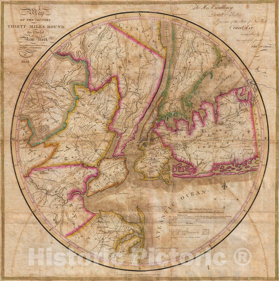 Historic Map : Eddy Map of New York City and 30 Miles Around , 1828, Vintage Wall Art