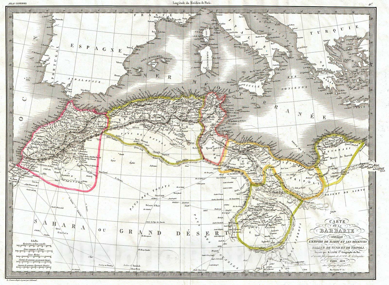 Historic Map : Lapie Map of The Eastern Mediterranean, Morocco, and The Barbary Coast, 1829, Vintage Wall Art