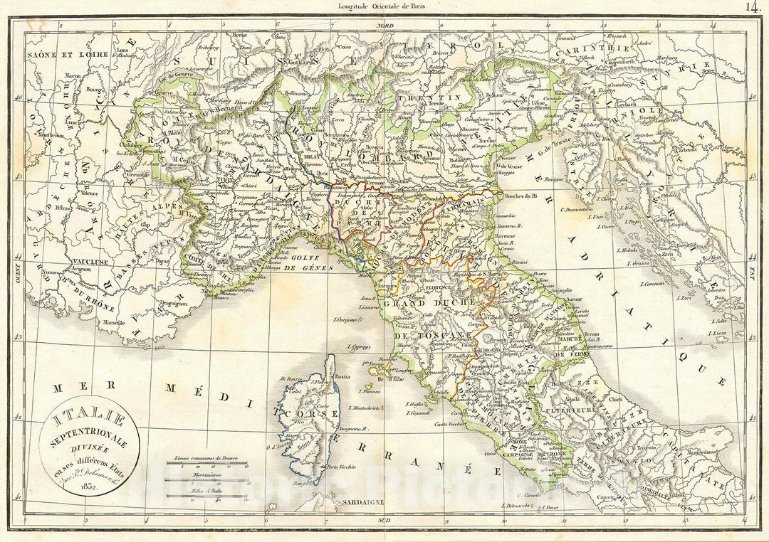 Historic Map : Delamarche Map of Northern Italy and Corsica, 1832, Vintage Wall Art