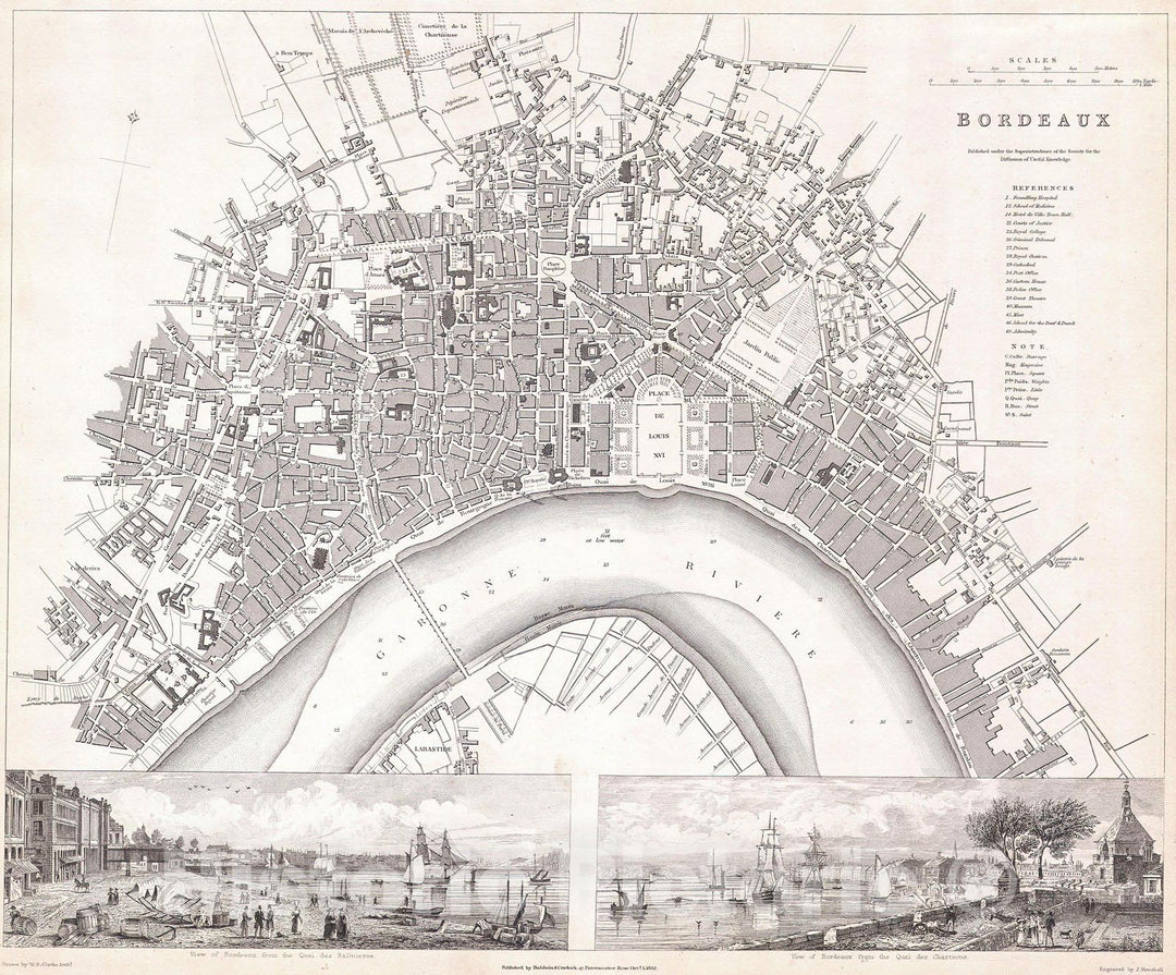 Historic Map : S.D.U.K. Map of Bordeaux, France , 1832, Vintage Wall Art