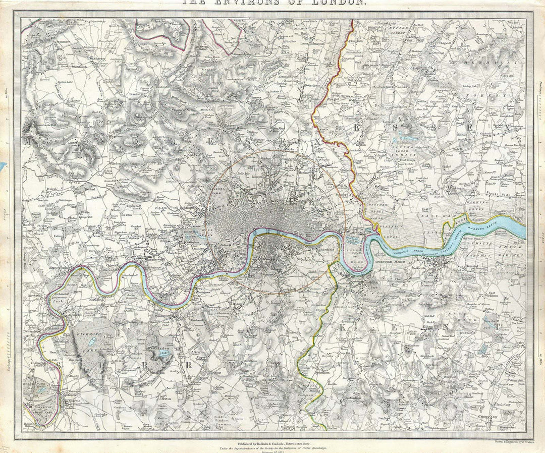 Historic Map : S.D.U.K. Map of London and Environs, England , 1832, Vintage Wall Art