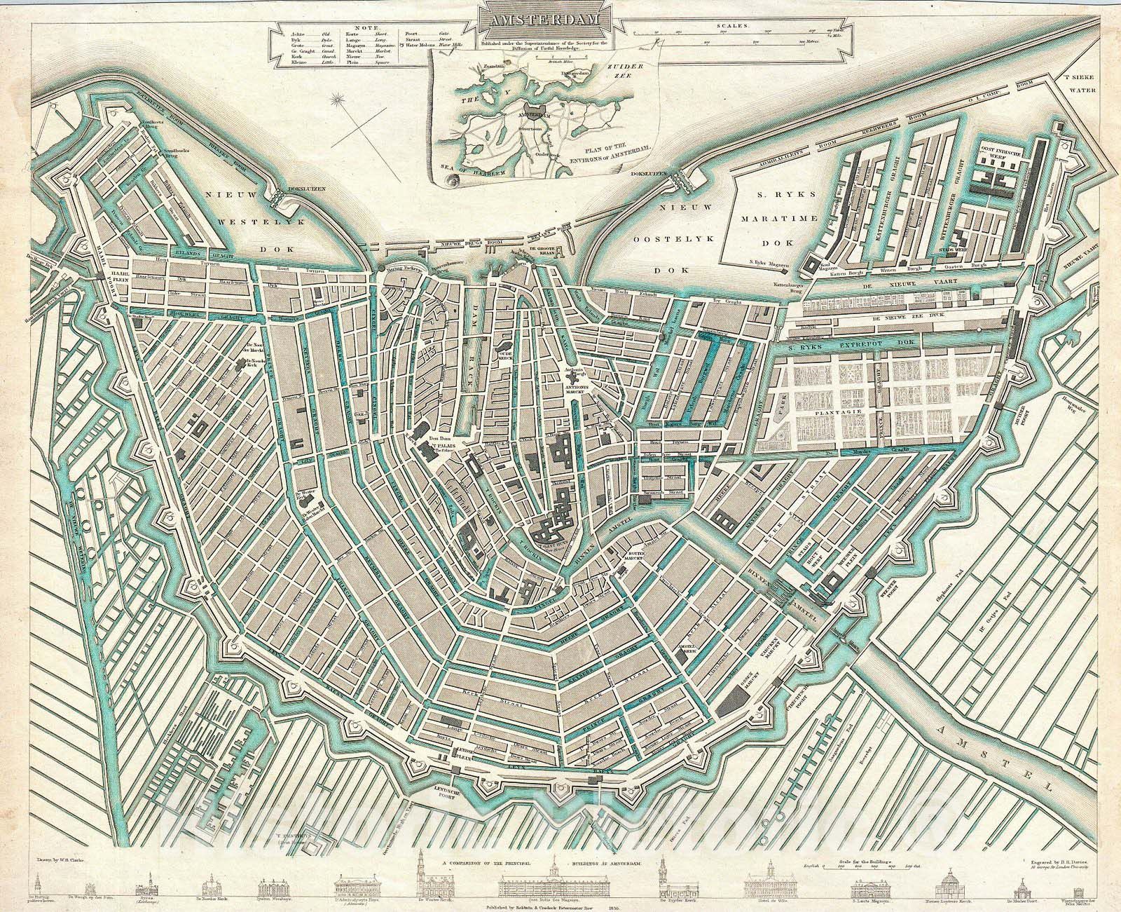 Historic Map : S.D.U.K. City Map or Plan of Amsterdam, The Netherlands , 1835, Vintage Wall Art