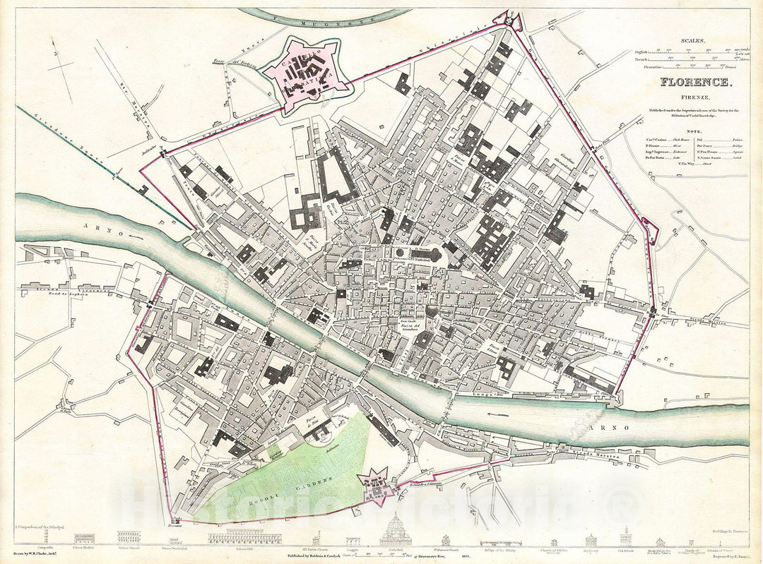 Historic Map : S.D.U.K. City Map or Plan of Florence or Firenze, Italy, 1835, Vintage Wall Art