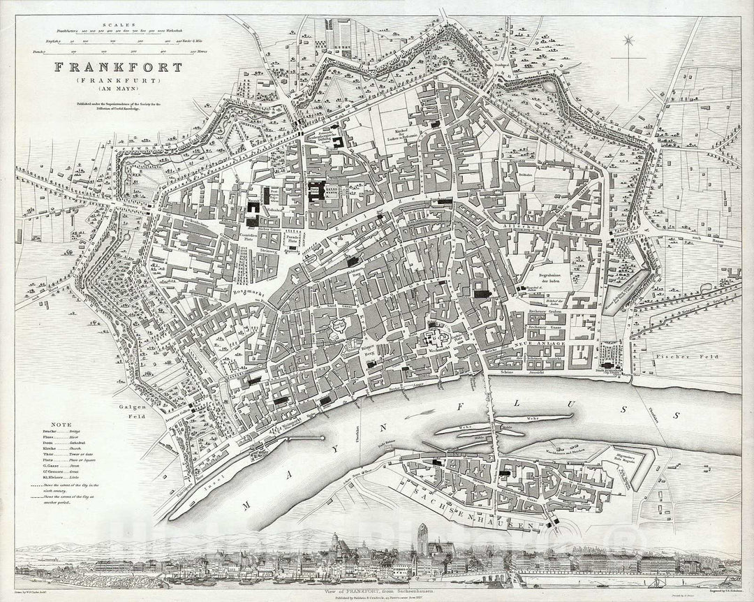 Historic Map : S.D.U.K. City Map or Plan of Frankfort, Germany , 1837, Vintage Wall Art