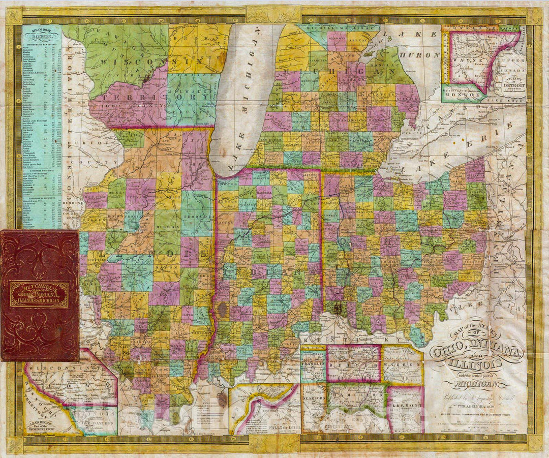 Historic Map : Mitchell Pocket Map of Ohio, Indiana, Illinois and Michigan , 1838, Vintage Wall Art