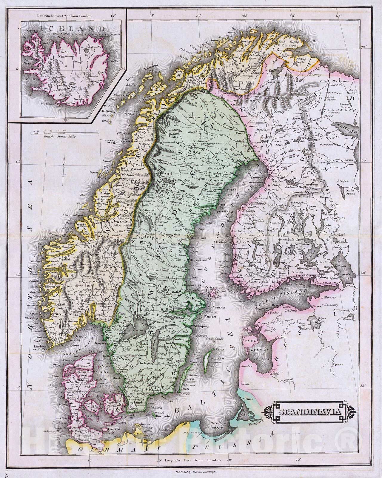 Historic Map : Lizars Map of Scandinavia (Norway, Sweden, Finland, Denmark, Iceland), 1840, Vintage Wall Art