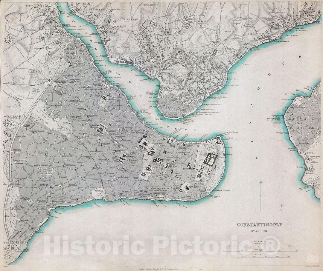 Historic Map : S.D.U.K. Map of Constantinople (Istanbul, Turkey) , 1840, Vintage Wall Art