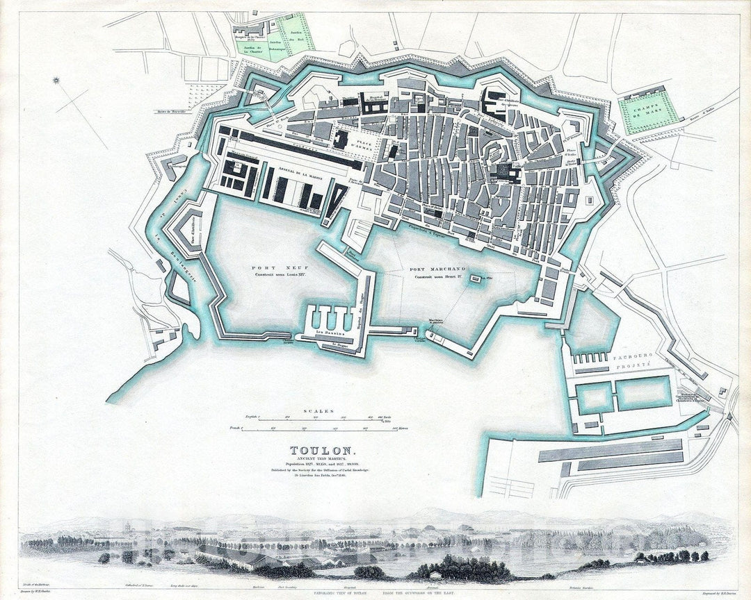 Historic Map : S.D.U.K. Map or City Plan of Toulon, France , 1840, Vintage Wall Art