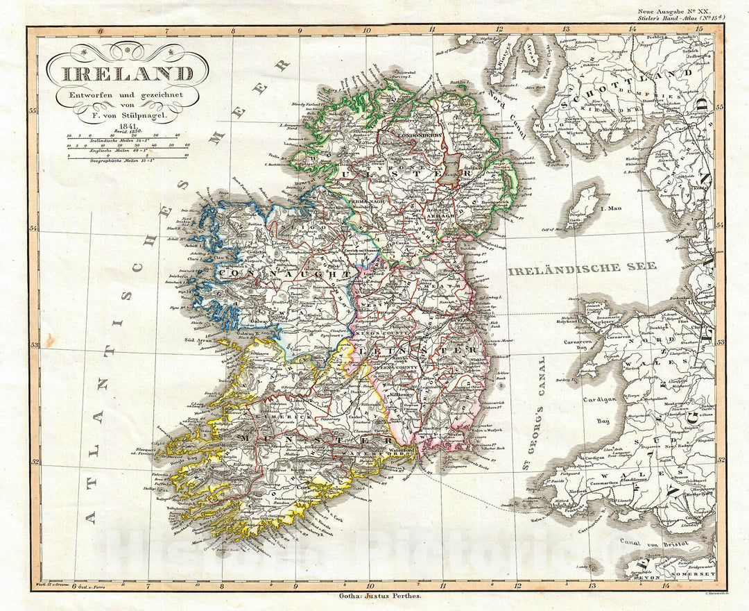 Historic Map : Perthes Map of Ireland , 1841, Vintage Wall Art