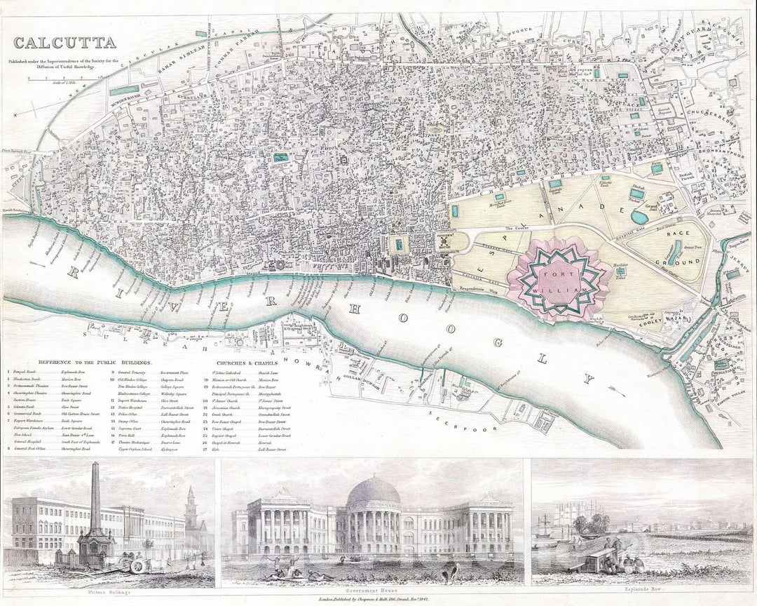 Historic Map : S.D.U.K. Map of The City of Calcutta, India , 1842, Vintage Wall Art