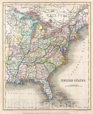 Historic Map : Gilbert Map of The United States, 1843, Vintage Wall Art