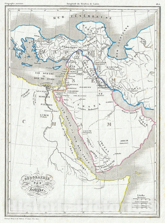 Historic Map : Malte Brun Map of The Biblical Lands of The Hebrews (Egypt, Arabia, Israel, Turkey) , 1843, Vintage Wall Art