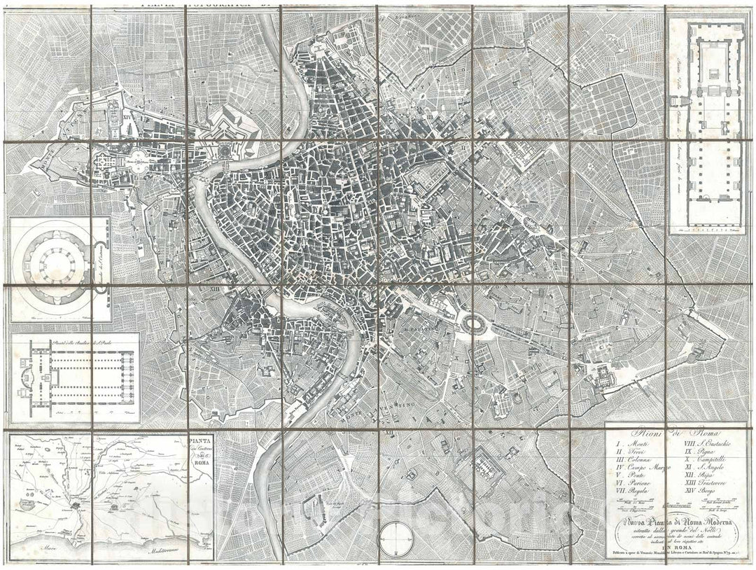 Historic Map : Monaldini Case Map of Rome, Italy, 1843, Vintage Wall Art