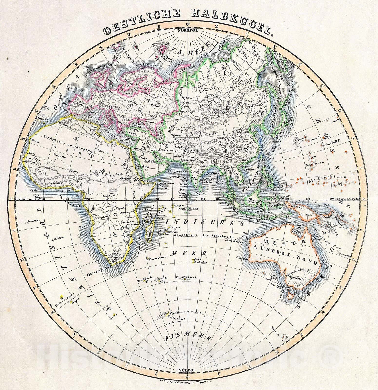 Historic Map : Flemming Map of The Eastern Hemisphere , 1844, Vintage Wall Art