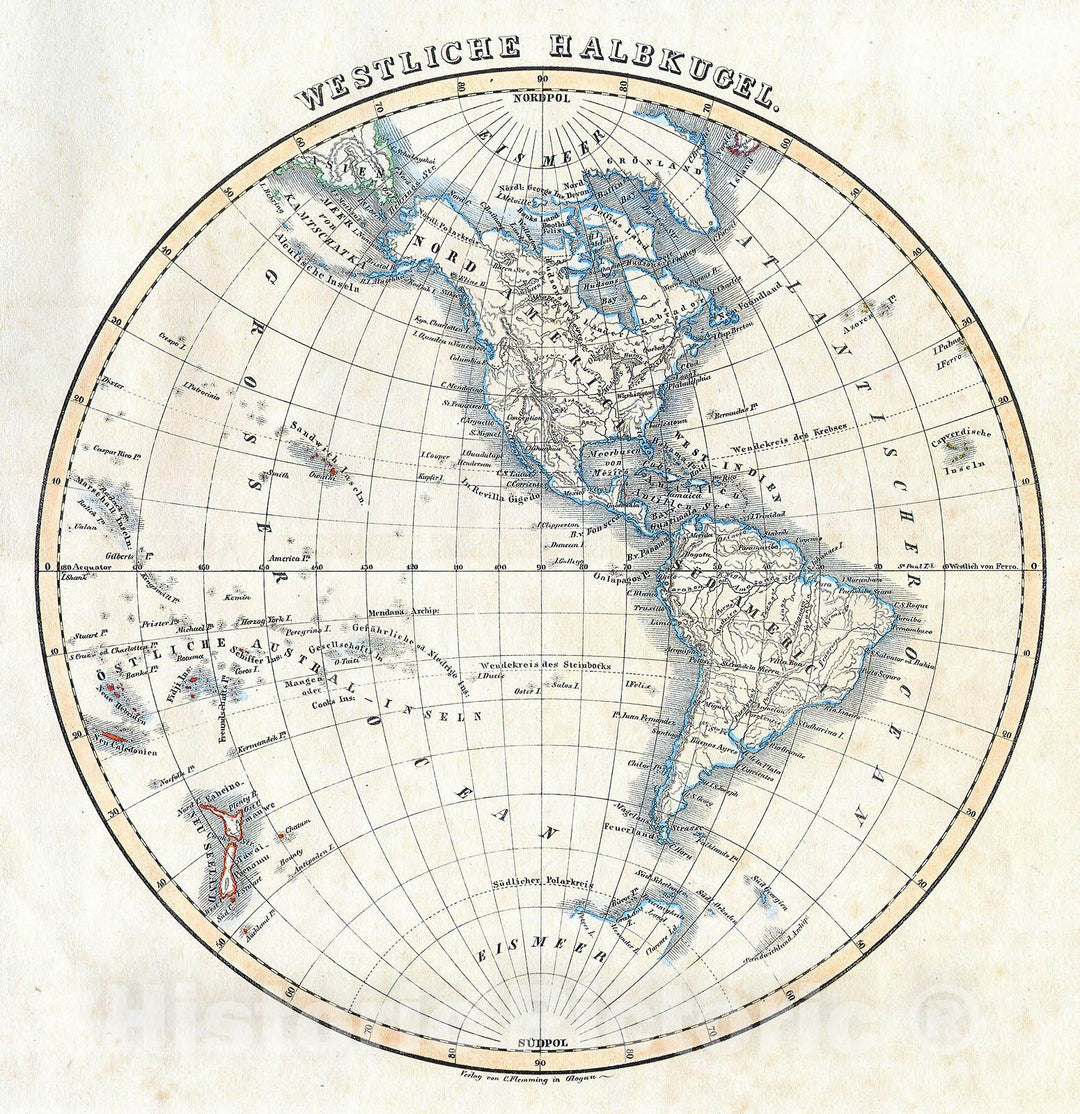 Historic Map : Flemming Map of The Western Hemisphere or South and North America , 1844, Vintage Wall Art