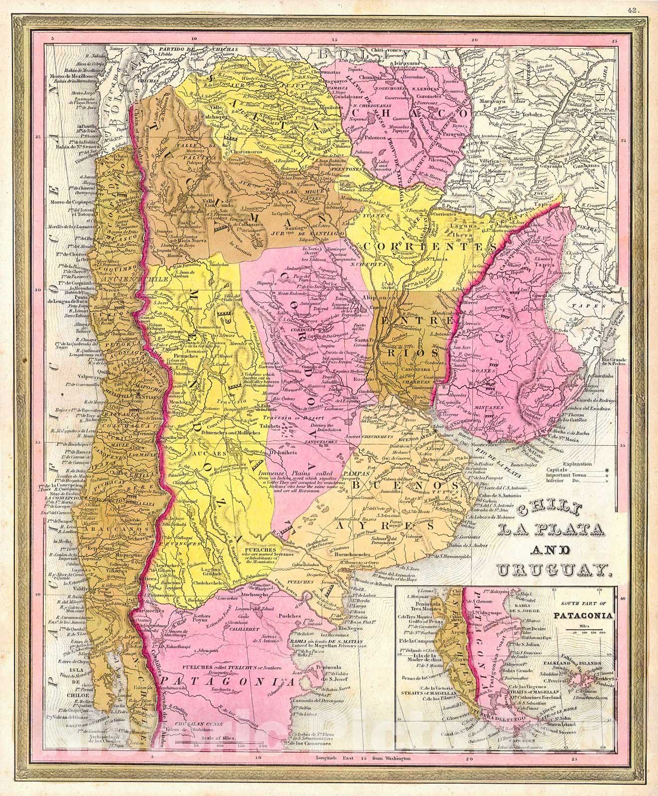 Historic Map : Burroughs, Mitchell Map of Argentina, Uruguay, Chili in South America, 1846, Vintage Wall Art