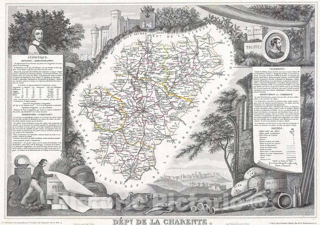 Historic Map : Levasseur Map of Dept. del la Charente, France, 1847, Vintage Wall Art