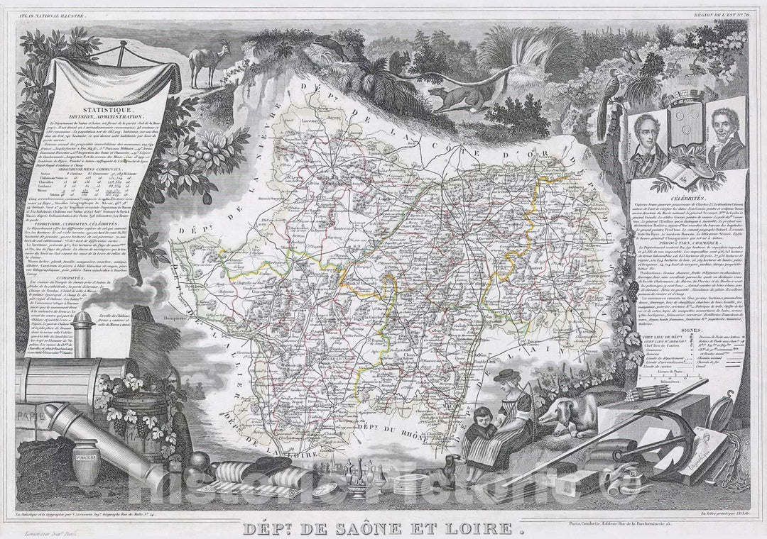 Historic Map : Levasseur Map of Saone et Loire, France, 1847, Vintage Wall Art